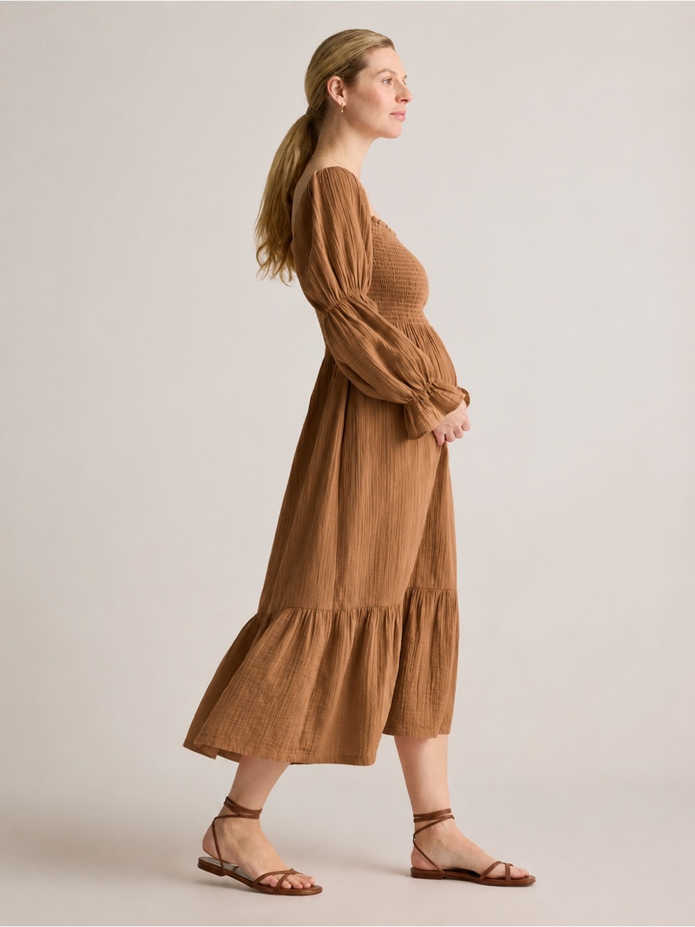 Quince Gauze Smocked Midi Dress-Caramel Brown Small 100% Organic Cotton - Picture 4 of 7